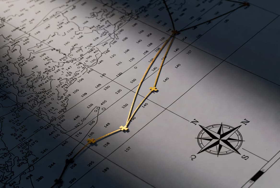 A course plotted in gold across a paper nautical chart