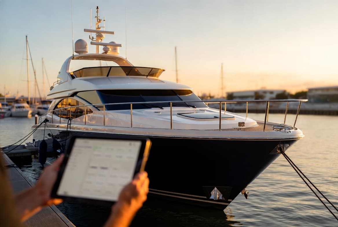 An owner reading a boat's record on a tablet at the dock, late afternoon