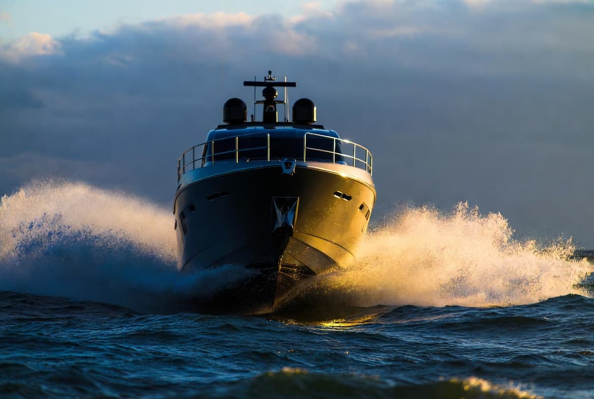 A motor yacht under way at dusk